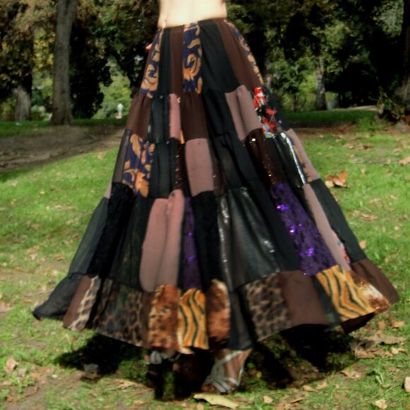 Brown Multicolor Patchwork Skirt, elastic waist. Size M New Ameynra design OOAK - Picture 4 of 4